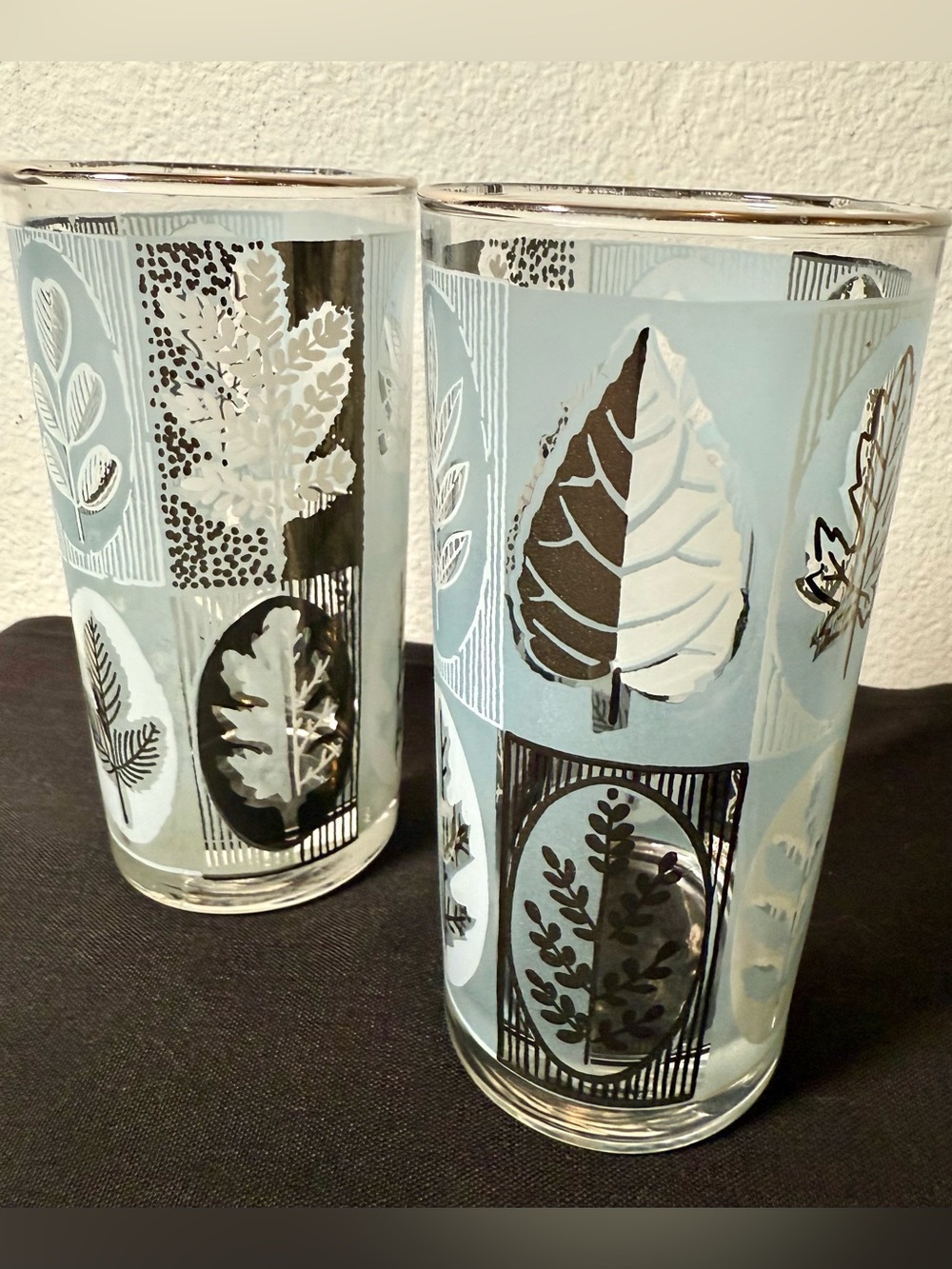 2 MCM Libbey Riviera Highball, Blue Frosted Silver Leaf Foliage Cocktail glasses